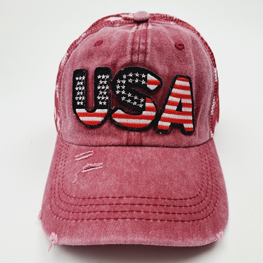 Patriotic USA Embroidered Patch Ponytail Hat Cap Mesh Net Stars Red Relaxed Cot